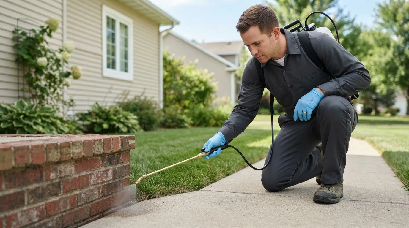 Pest control technician treating a home near South China, ME