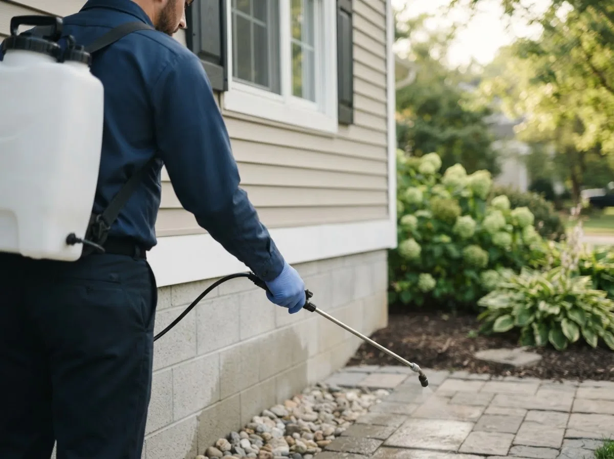 Pest control technician inspecting a home in South China, ME